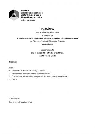 Pozvánka na 12. zasadnutie Komisie územného plánovania, výstavby, dopravy a životného prostredia